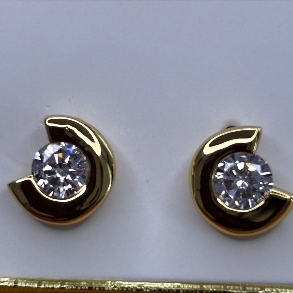 Stud Earrings Gold Plated Cubic Zirconia Post Back Modern New with Tags